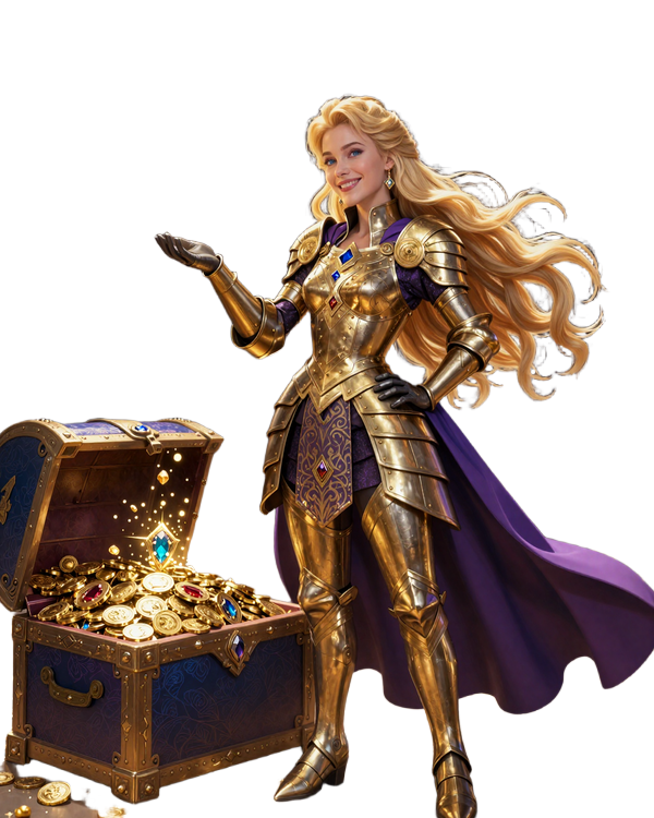 Prinzessin Aurelia in goldener R&uuml;stung verteilt Bonussch&auml;tze aus einer magischen Truhe im Total Casino