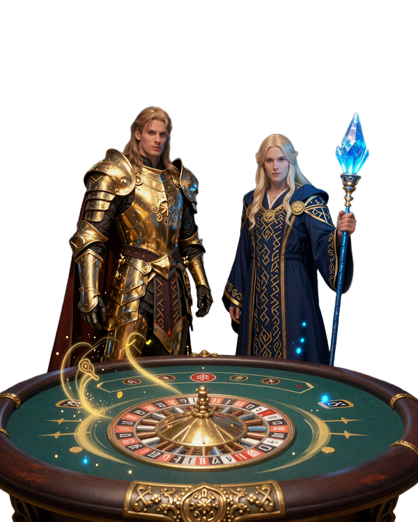 Ritter Siegfried und Magier Mericus am Live-Casino-Tisch in der magischen Burghalle von Total Casino