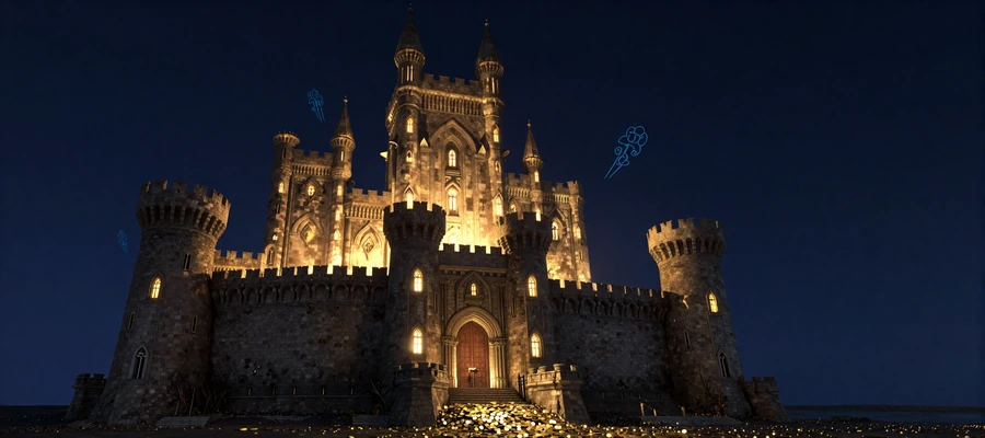 Epische Fantasy-Festung von Total Casino mit goldenen Lichtern und magischem Glanz bei Nacht