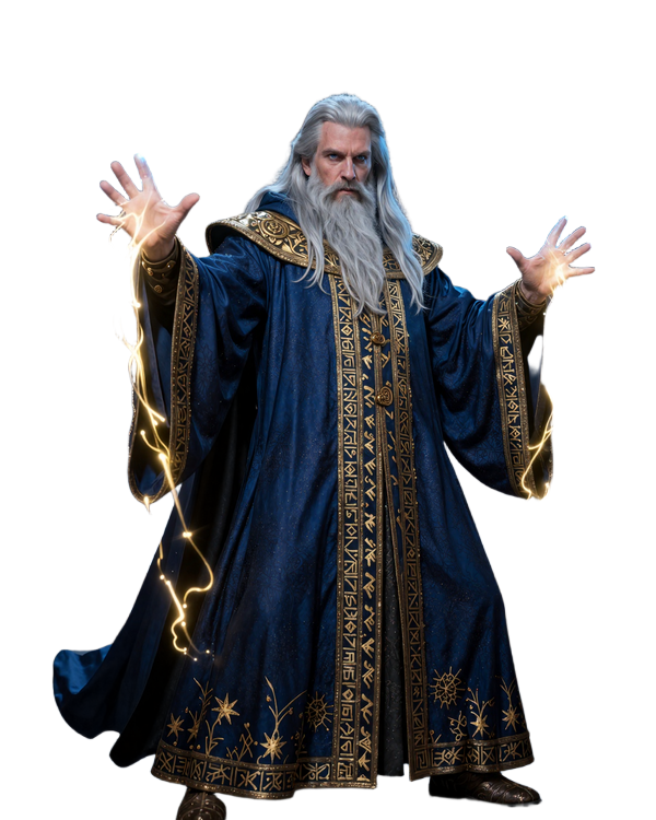 Magier Mericus beschw&ouml;rt goldene und blaue Zauberstr&ouml;me &uuml;ber schwebende Spielautomaten im Total Casino