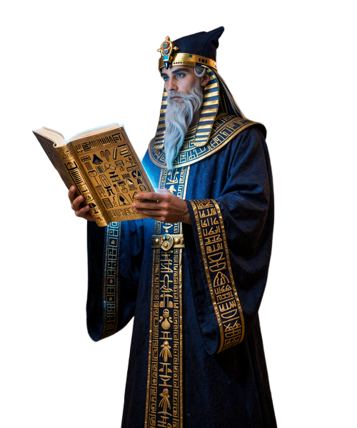Magier Mericus h&auml;lt das goldene Buch von Ra mit leuchtenden Hieroglyphen im Novoline Casino